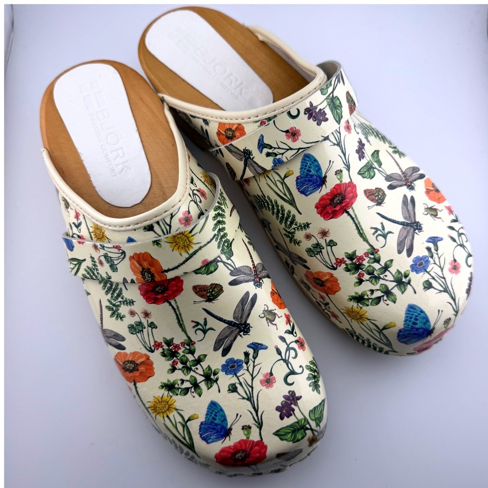 Bjork Swedish Comfort Clogs Women EU 41 US 10.5/11 Floral Dragonfly Wood Sole